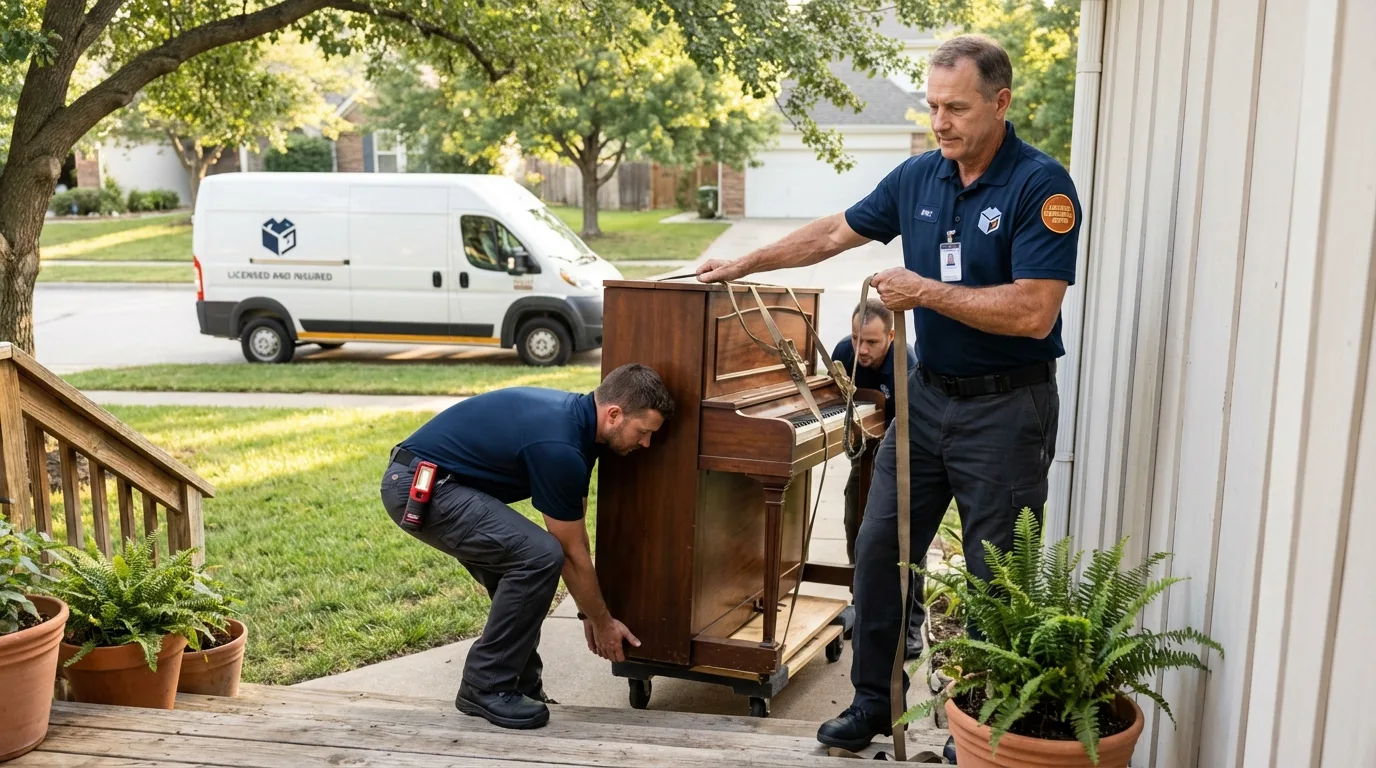 Licensed piano movers securing grand piano in Massapequa Park, NY