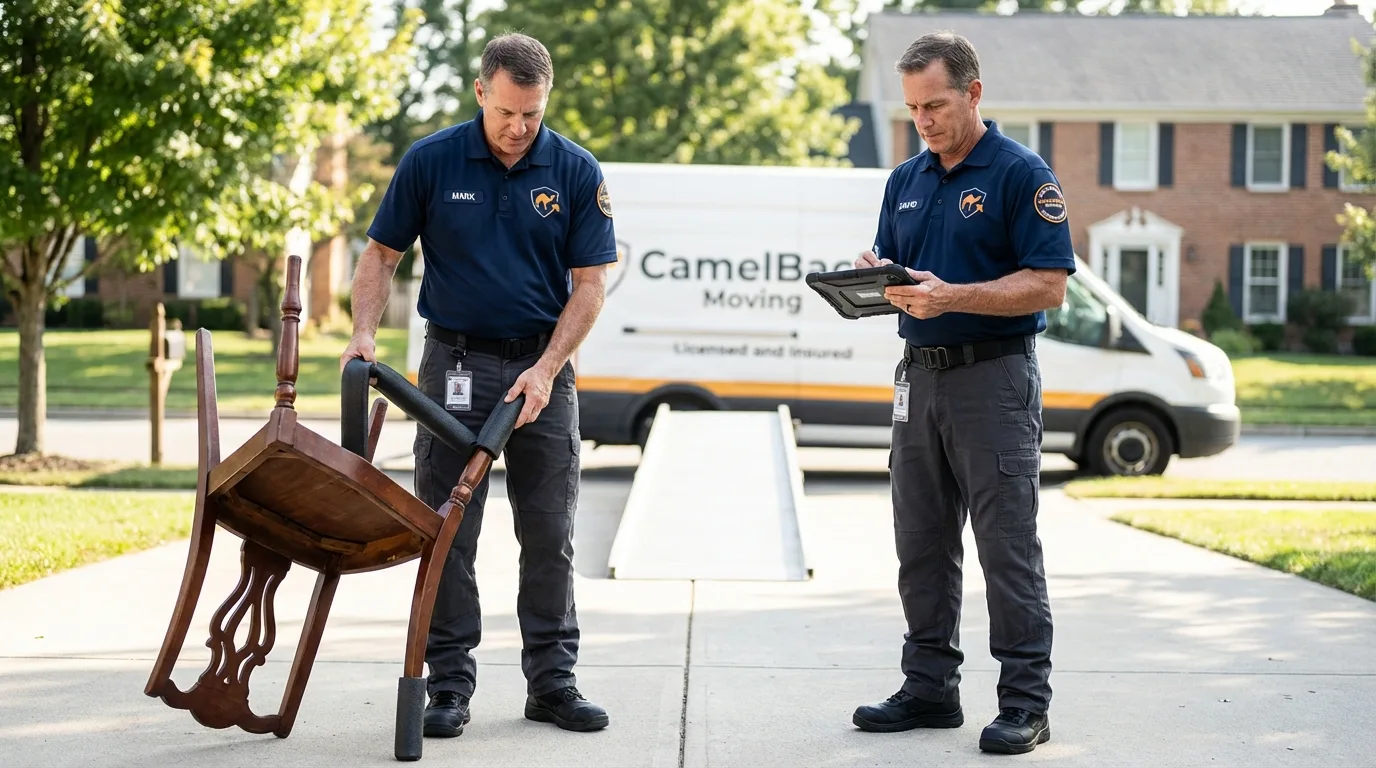 Movers inspecting furniture for damage prevention before loading in Massapequa Park, NY