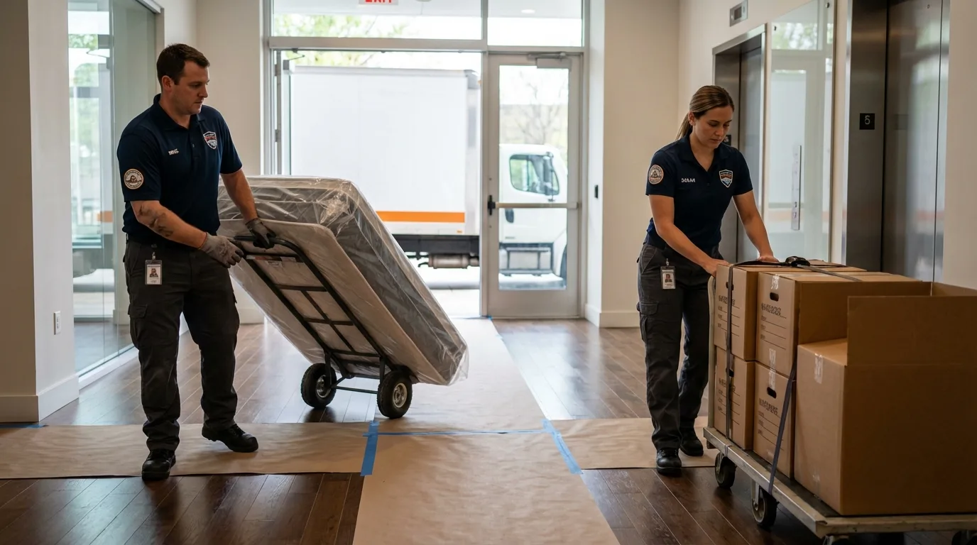Professional apartment movers loading elevator in Massapequa Park, NY