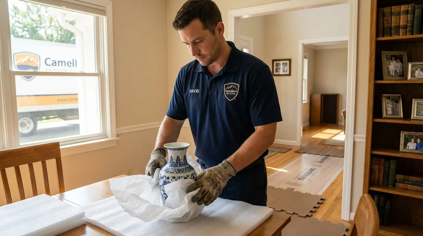 Professional crew carefully wrapping antique vase for senior downsizing move in Massapequa Park, NY