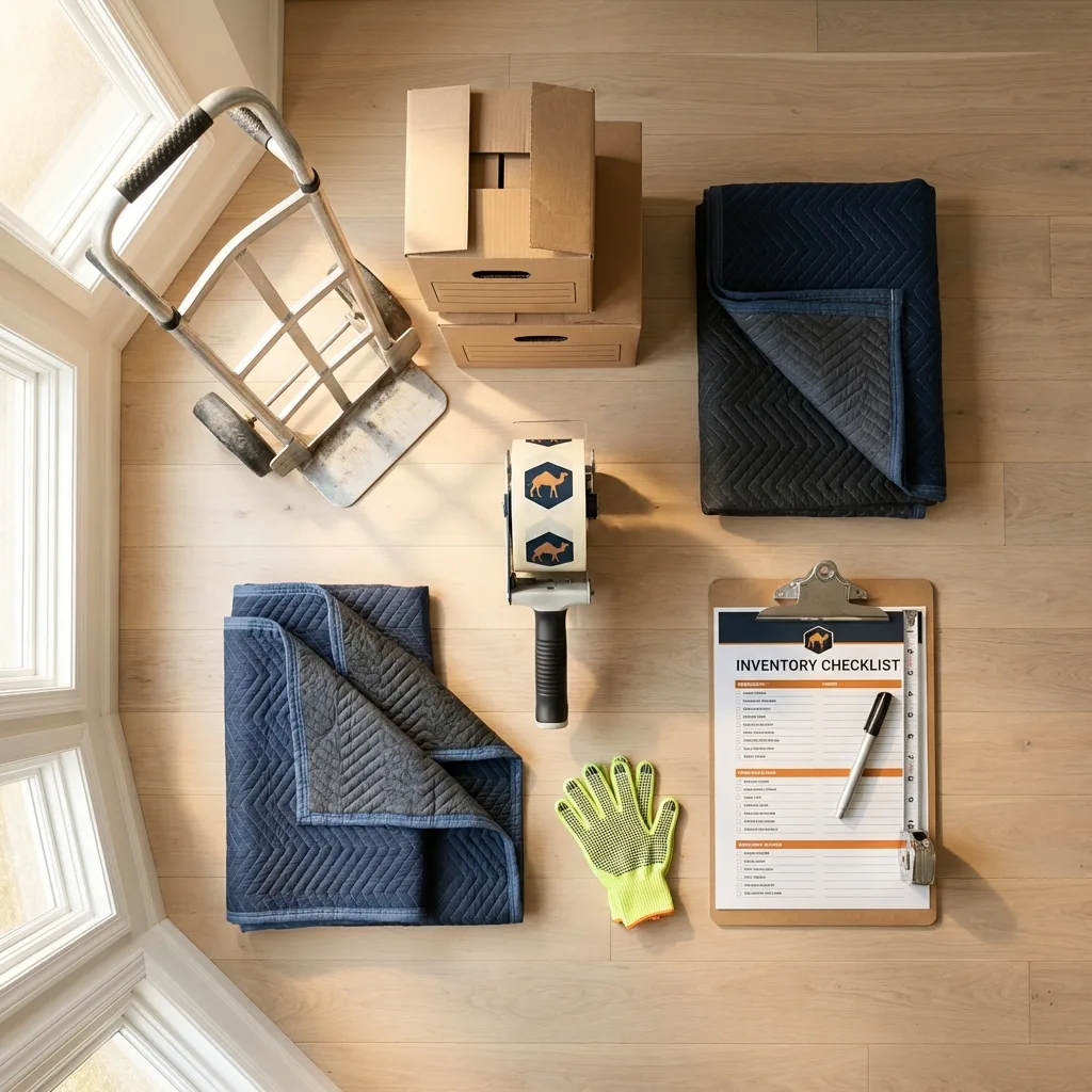 Professional moving supplies and packing materials layout for Massapequa Park residential relocations